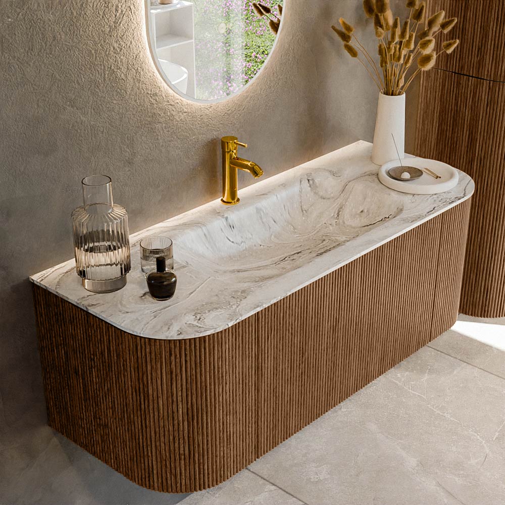 MONDIAZ KURVE-DLUX 120cm badmeubel ronding Links + Rechts kleur Walnut met 1 lade en 2 deuren. Wastafel BIG SMALL Midden 1 kraangat Glace.