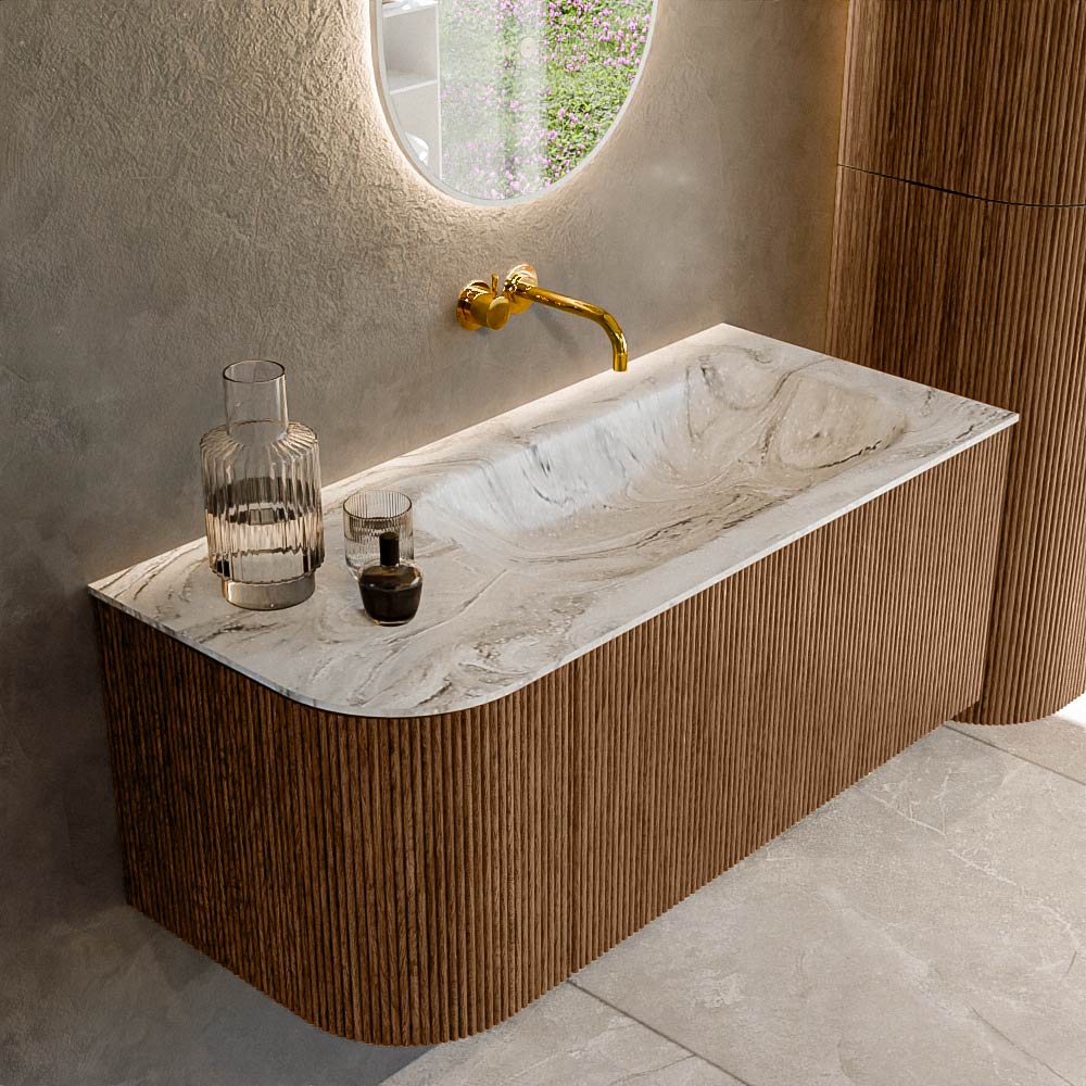 MONDIAZ KURVE-DLUX 105cm badmeubel ronding Links kleur Walnut met 1 lade en 1 deur. Wastafel BIG SMALL Rechts zonder kraangat Glace.
