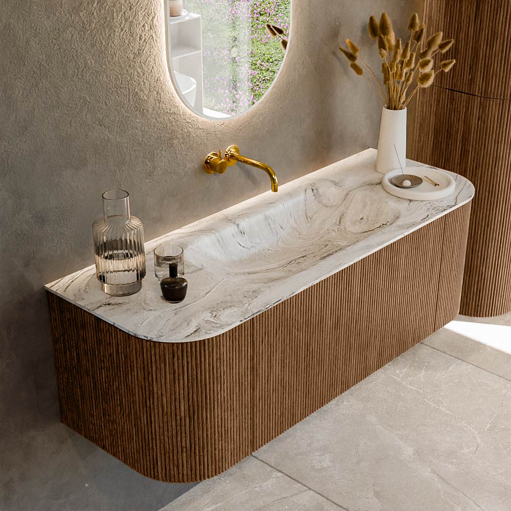 MONDIAZ KURVE-DLUX 130cm badmeubel ronding Links + Rechts kleur Walnut met 1 lade en 2 deuren. Wastafel BIG SMALL Midden zonder kraangat Glace.