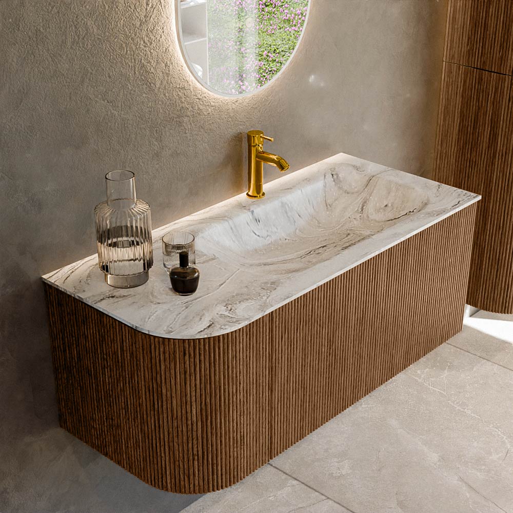 MONDIAZ KURVE-DLUX 105cm badmeubel ronding Links kleur Walnut met 1 lade en 1 deur. Wastafel BIG SMALL Rechts 1 kraangat Glace.