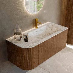 MONDIAZ KURVE-DLUX 105cm badmeubel ronding Links kleur Walnut met 1 lade en 1 deur. Wastafel BIG SMALL Rechts 1 kraangat Glace.