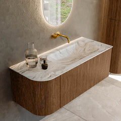MONDIAZ KURVE-DLUX 115cm badmeubel ronding Links kleur Walnut met 1 lade en 1 deur. Wastafel BIG SMALL Rechts zonder kraangat Glace.