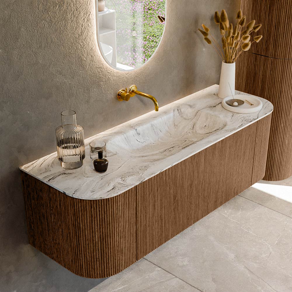 MONDIAZ KURVE-DLUX 140cm badmeubel ronding Links + Rechts kleur Walnut met 1 lade en 2 deuren. Wastafel BIG SMALL Midden zonder kraangat Glace.