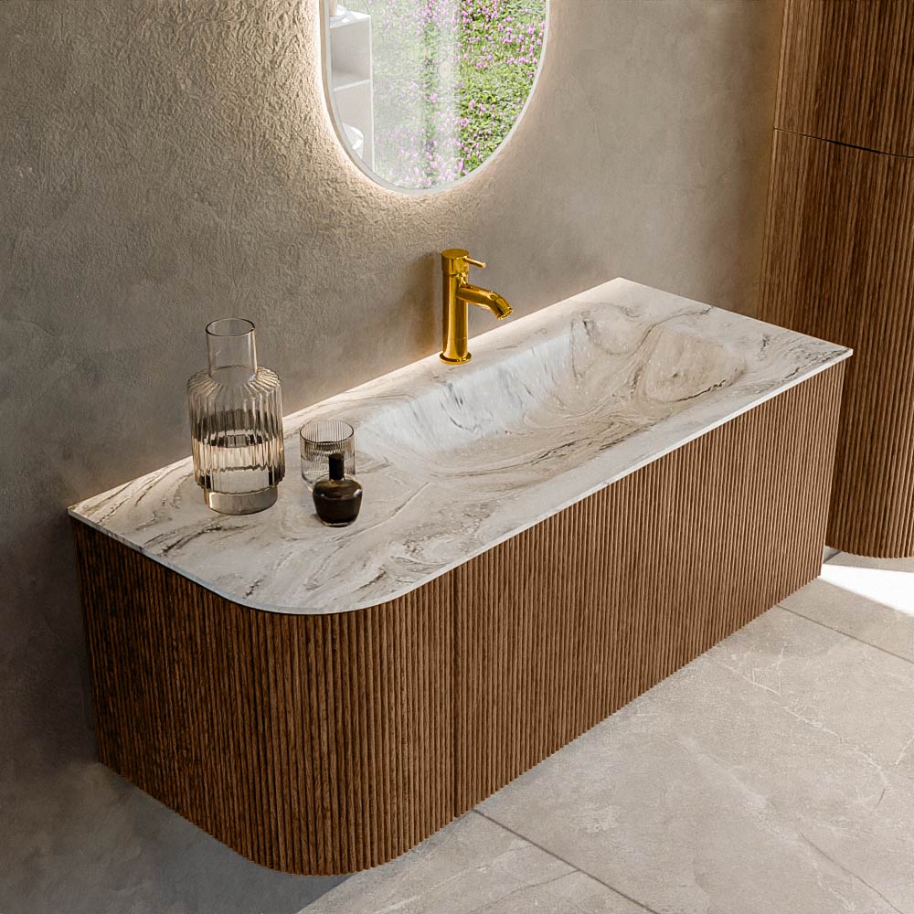 MONDIAZ KURVE-DLUX 115cm badmeubel ronding Links kleur Walnut met 1 lade en 1 deur. Wastafel BIG SMALL Rechts 1 kraangat Glace.