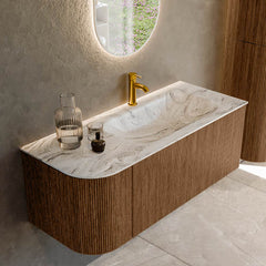 MONDIAZ KURVE-DLUX 115cm badmeubel ronding Links kleur Walnut met 1 lade en 1 deur. Wastafel BIG SMALL Rechts 1 kraangat Glace.