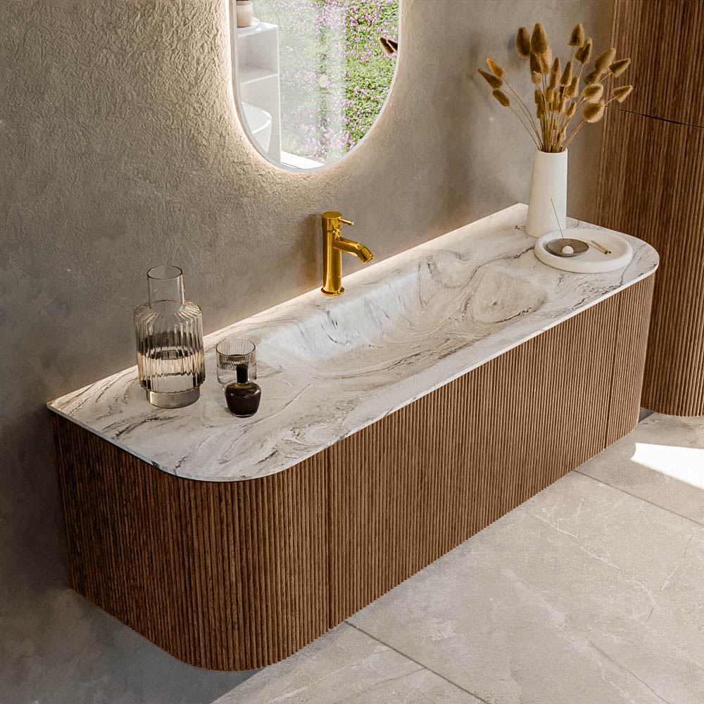 MONDIAZ KURVE-DLUX 140cm badmeubel ronding Links + Rechts kleur Walnut met 1 lade en 2 deuren. Wastafel BIG SMALL Midden 1 kraangat Glace.