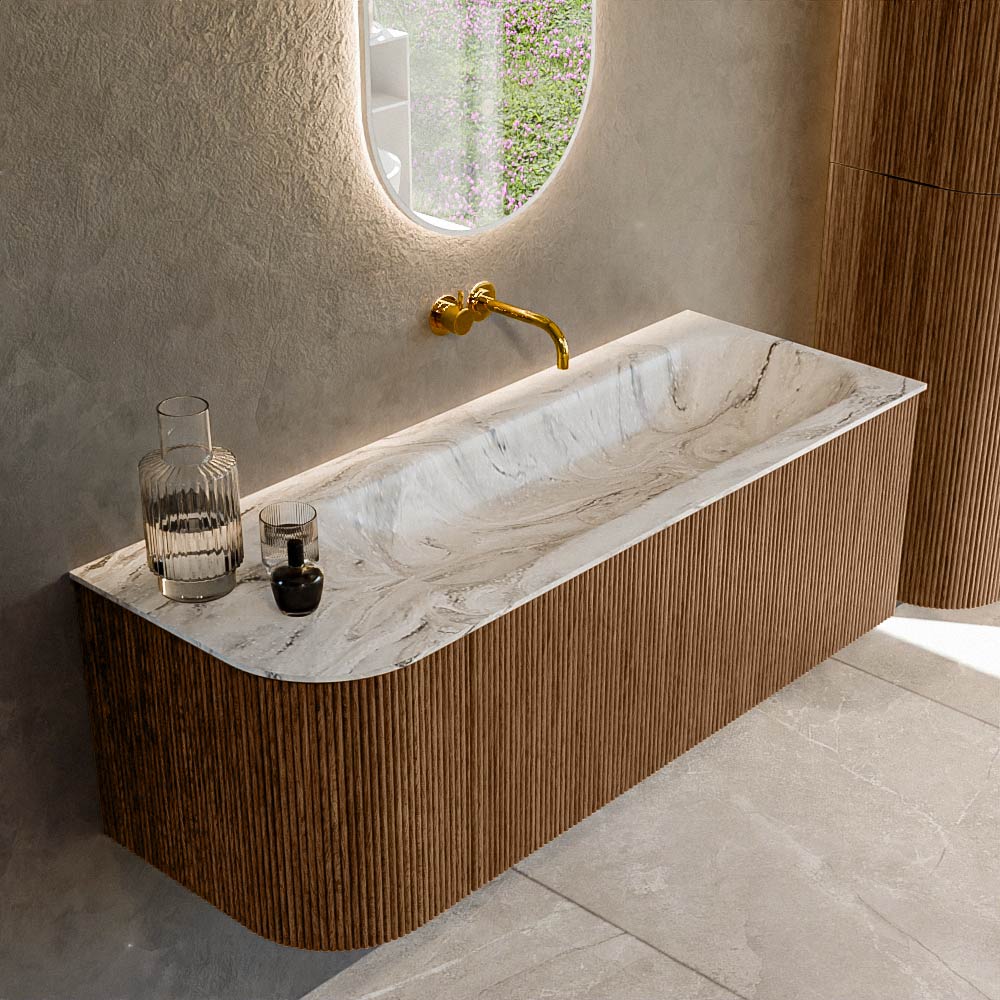 MONDIAZ KURVE-DLUX 125cm badmeubel ronding Links kleur Walnut met 1 lade en 1 deur. Wastafel BIG MEDIUM Rechts zonder kraangat Glace.