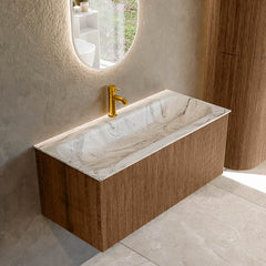 MONDIAZ KURVE-DLUX 100cm badmeubel kleur Walnut met 1 lade en 0 deuren. Wastafel BIG MEDIUM Midden 1 kraangat Glace.