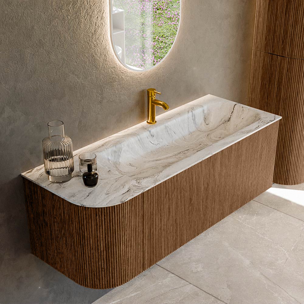 MONDIAZ KURVE-DLUX 125cm badmeubel ronding Links kleur Walnut met 1 lade en 1 deur. Wastafel BIG MEDIUM Rechts 1 kraangat Glace.