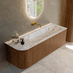 MONDIAZ KURVE-DLUX 135cm badmeubel ronding Links kleur Walnut met 1 lade en 1 deur. Wastafel BIG MEDIUM Rechts zonder kraangat Glace.