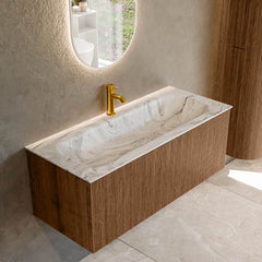 MONDIAZ KURVE-DLUX 110cm badmeubel kleur Walnut met 1 lade en 0 deuren. Wastafel BIG MEDIUM Midden 1 kraangat Glace.
