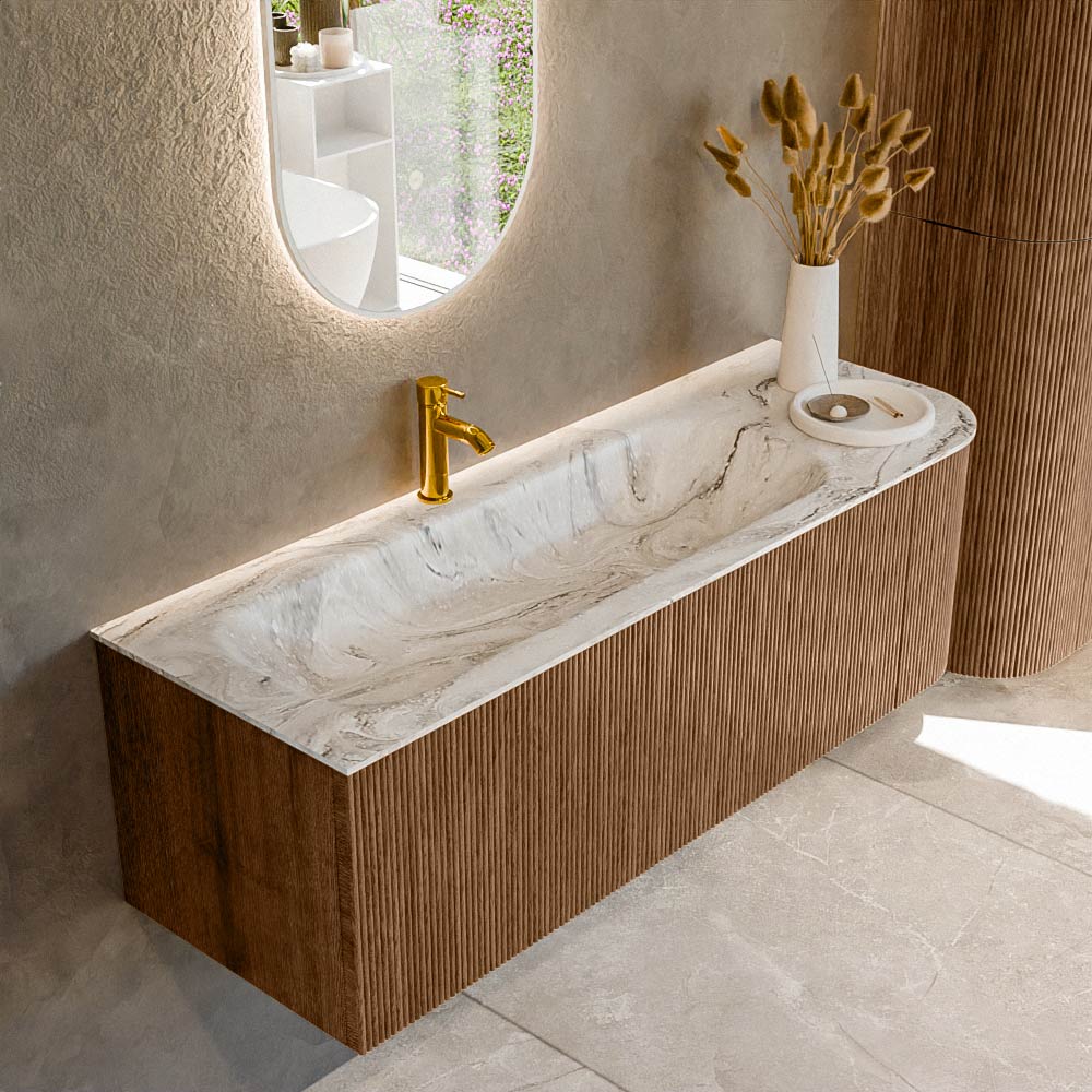 MONDIAZ KURVE-DLUX 135cm badmeubel ronding Rechts kleur Walnut met 1 lade en 1 deur. Wastafel BIG MEDIUM Links 1 kraangat Glace.
