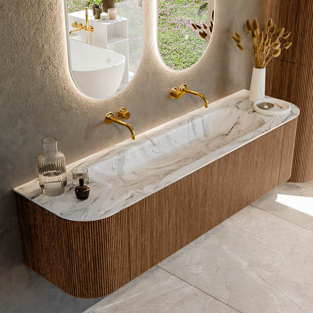 MONDIAZ KURVE-DLUX 170cm badmeubel ronding Links + Rechts kleur Walnut met 1 lade en 2 deuren. Wastafel BIG LARGE Midden zonder kraangat Glace.