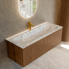 MONDIAZ KURVE-DLUX 120cm badmeubel kleur Walnut met 1 lade en 0 deuren. Wastafel BIG LARGE Midden 1 kraangat Glace.