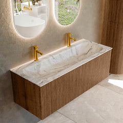 MONDIAZ KURVE-DLUX 120cm badmeubel kleur Walnut met 1 lade en 0 deuren. Wastafel BIG LARGE Midden 2 kraangaten Glace.
