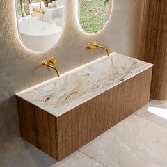 MONDIAZ KURVE-DLUX 120cm badmeubel kleur Walnut met 1 lade en 0 deuren. Wastafel LEAF Dubbel zonder kraangat Glace.