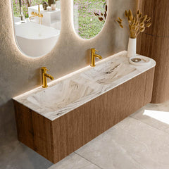 MONDIAZ KURVE-DLUX 145cm badmeubel ronding Rechts kleur Walnut met 1 lade en 1 deur. Wastafel LEAF Dubbel / Links 2 kraangaten Glace.