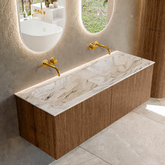 MONDIAZ KURVE-DLUX 130cm badmeubel kleur Walnut met 2 lades en 0 deuren. Wastafel LEAF Dubbel zonder kraangat Glace.