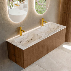 MONDIAZ KURVE-DLUX 130cm badmeubel kleur Walnut met 2 lades en 0 deuren. Wastafel LEAF Dubbel 2 kraangaten Glace.