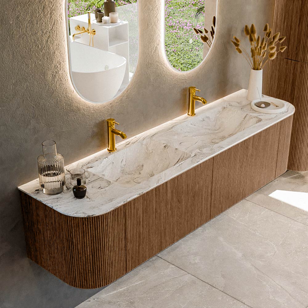 MONDIAZ KURVE-DLUX 180cm badmeubel ronding Links + Rechts kleur Walnut met 2 lades en 2 deuren. Wastafel LEAF Dubbel 2 kraangaten Glace.