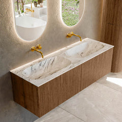 MONDIAZ KURVE-DLUX 140cm badmeubel kleur Walnut met 2 lades en 0 deuren. Wastafel STOR SMALL Dubbel zonder kraangat Glace.
