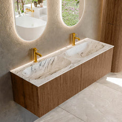 MONDIAZ KURVE-DLUX 140cm badmeubel kleur Walnut met 2 lades en 0 deuren. Wastafel STOR SMALL Dubbel 2 kraangaten Glace.