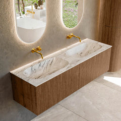 MONDIAZ KURVE-DLUX 150cm badmeubel kleur Walnut met 2 lades en 0 deuren. Wastafel STOR SMALL Dubbel zonder kraangat Glace.