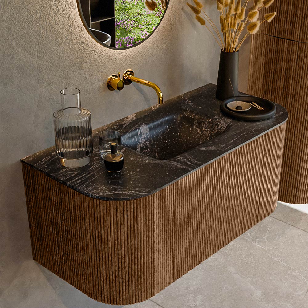 MONDIAZ KURVE-DLUX 100cm badmeubel ronding Links + Rechts kleur Walnut met 1 lade en 2 deuren. Wastafel GRUNNE Midden zonder kraangat Lava.