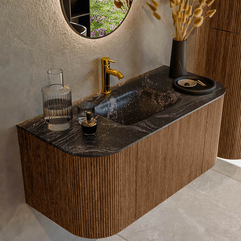 MONDIAZ KURVE-DLUX 100cm badmeubel ronding Links + Rechts kleur Walnut met 1 lade en 2 deuren. Wastafel GRUNNE Midden 1 kraangat Lava.