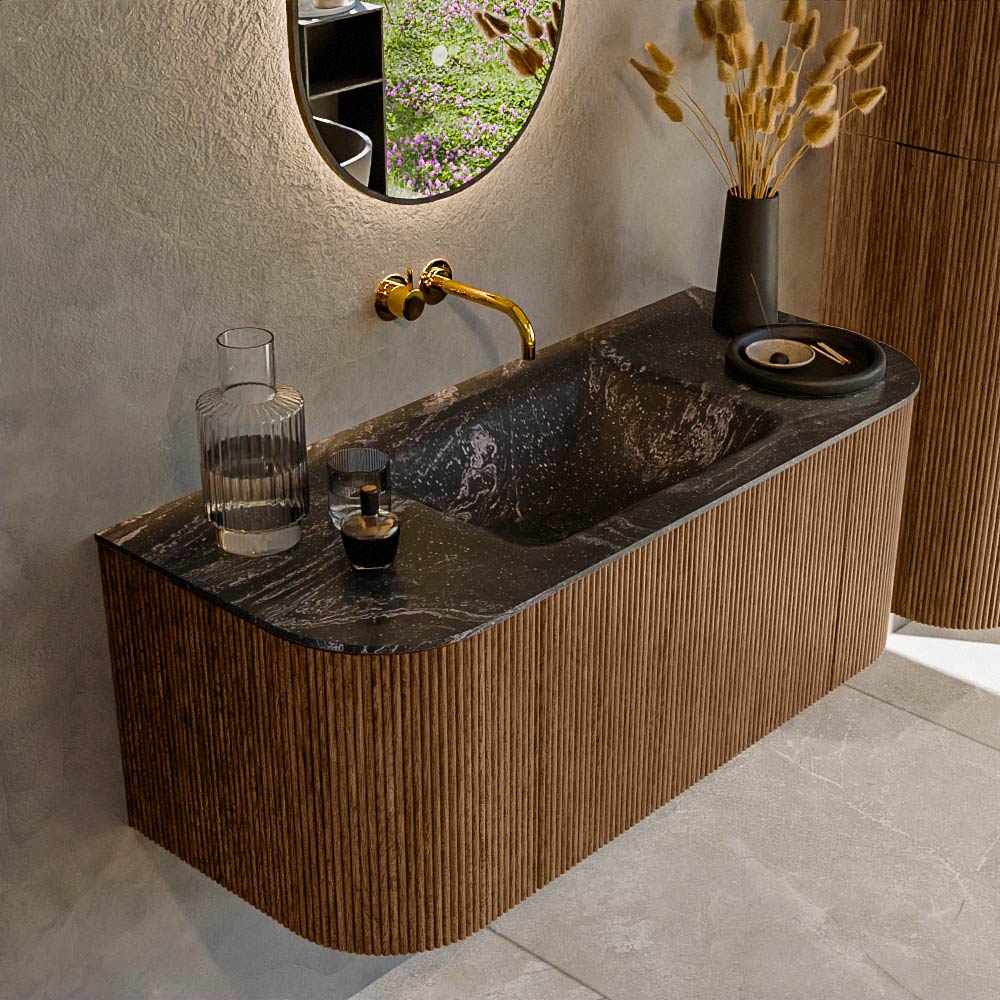 MONDIAZ KURVE-DLUX 110cm badmeubel ronding Links + Rechts kleur Walnut met 1 lade en 2 deuren. Wastafel CLOUD Midden zonder kraangat Lava.