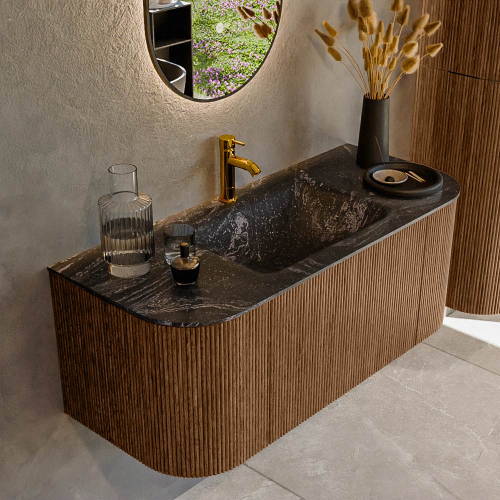 MONDIAZ KURVE-DLUX 110cm badmeubel ronding Links + Rechts kleur Walnut met 1 lade en 2 deuren. Wastafel CLOUD Midden 1 kraangat Lava.