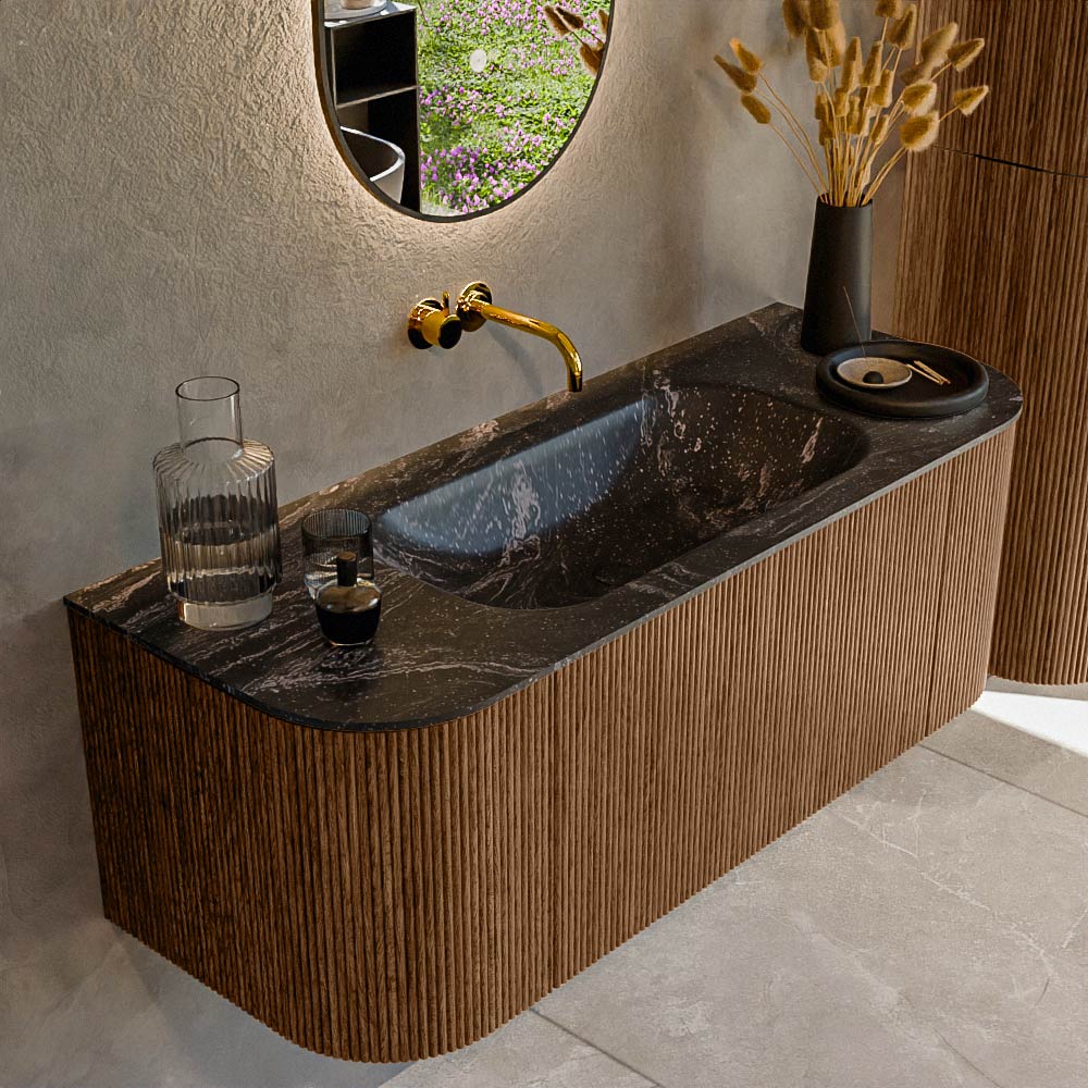 MONDIAZ KURVE-DLUX 120cm badmeubel ronding Links + Rechts kleur Walnut met 1 lade en 2 deuren. Wastafel BIG SMALL Midden zonder kraangat Lava.