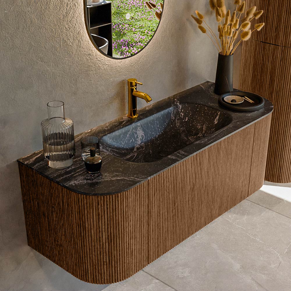 MONDIAZ KURVE-DLUX 120cm badmeubel ronding Links + Rechts kleur Walnut met 1 lade en 2 deuren. Wastafel BIG SMALL Midden 1 kraangat Lava.