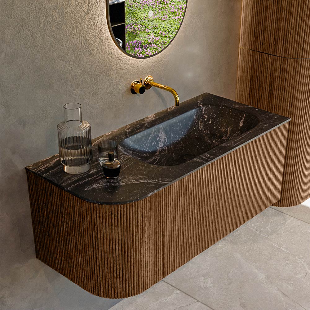 MONDIAZ KURVE-DLUX 105cm badmeubel ronding Links kleur Walnut met 1 lade en 1 deur. Wastafel BIG SMALL Rechts zonder kraangat Lava.