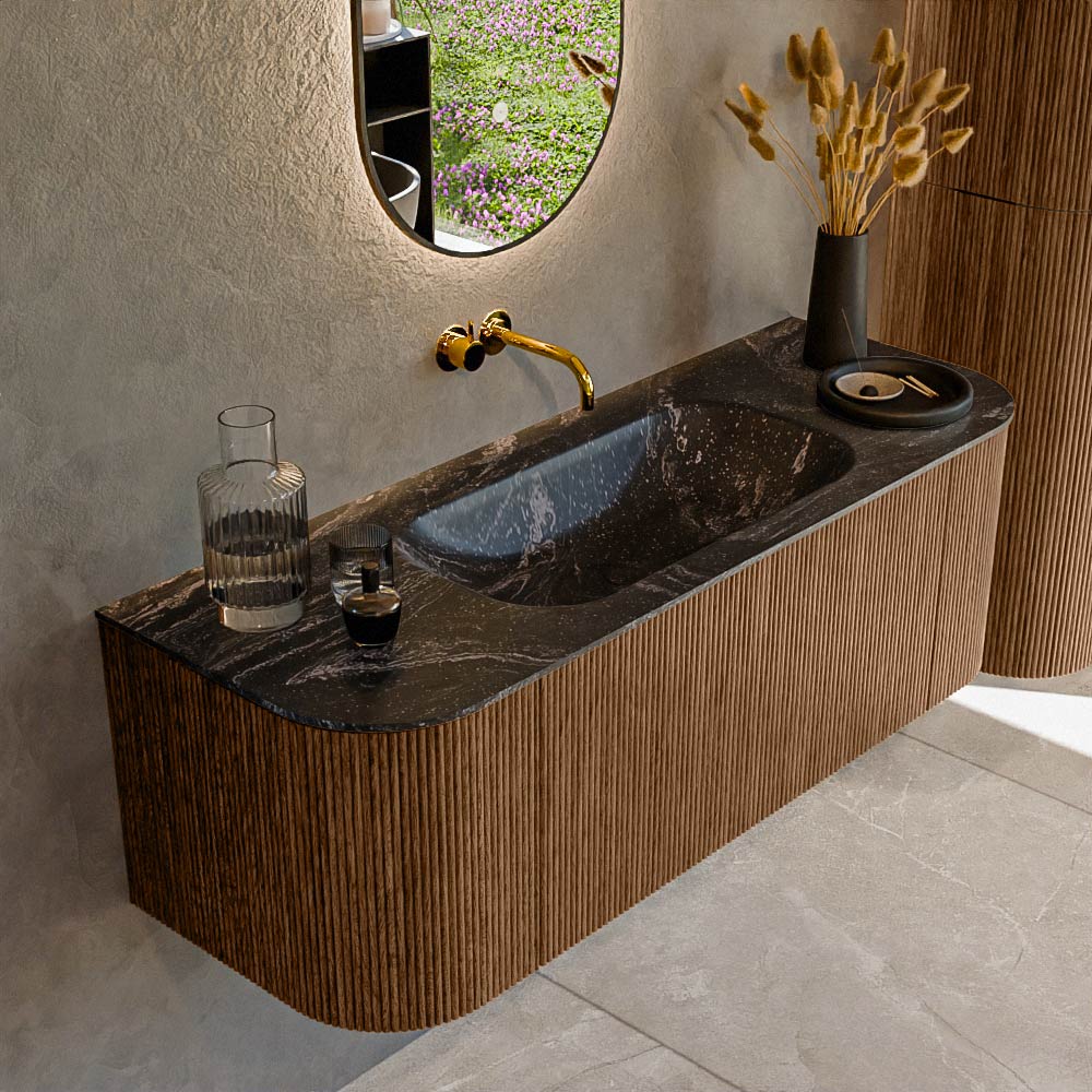 MONDIAZ KURVE-DLUX 130cm badmeubel ronding Links + Rechts kleur Walnut met 1 lade en 2 deuren. Wastafel BIG SMALL Midden zonder kraangat Lava.