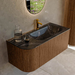MONDIAZ KURVE-DLUX 105cm badmeubel ronding Links kleur Walnut met 1 lade en 1 deur. Wastafel BIG SMALL Rechts 1 kraangat Lava.