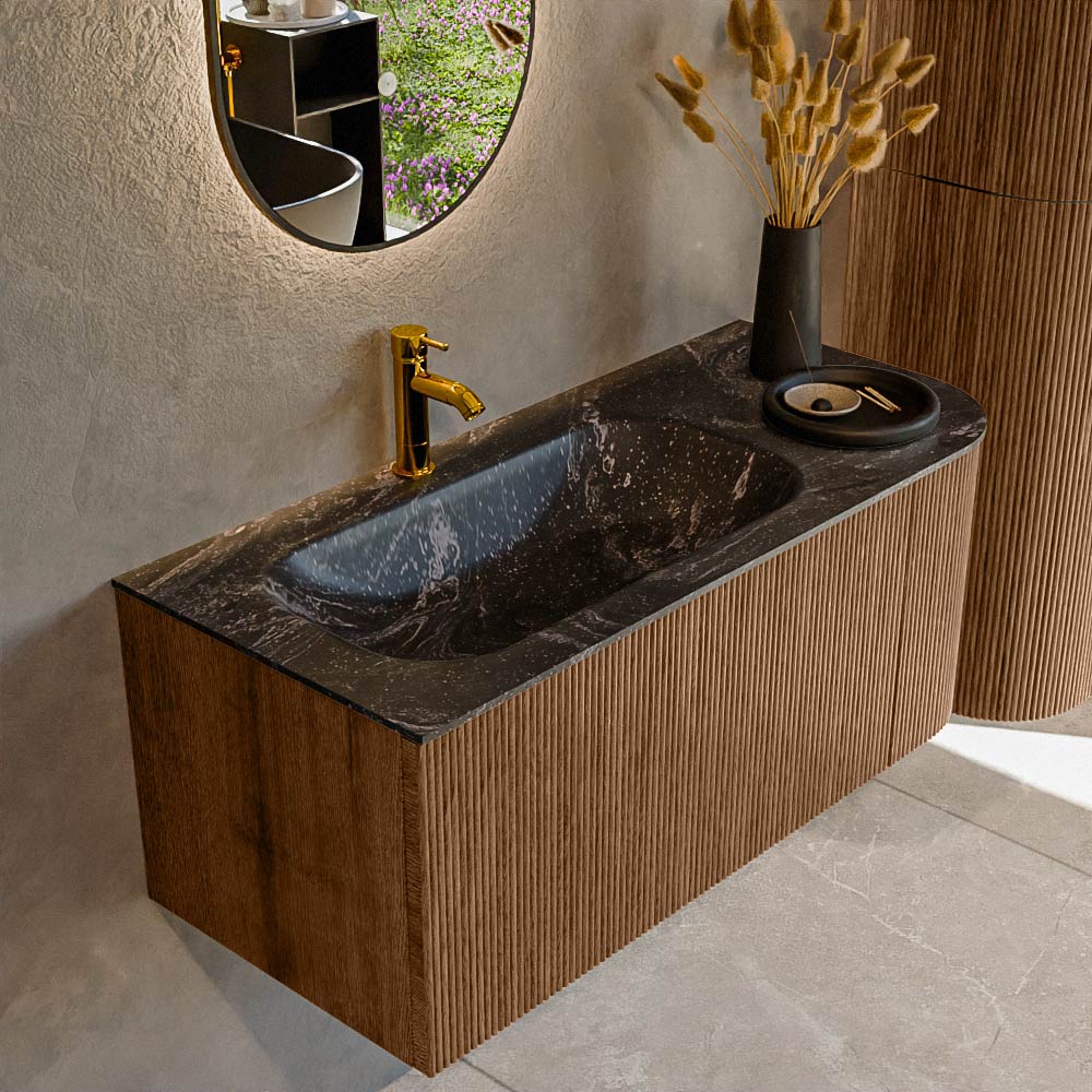 MONDIAZ KURVE-DLUX 105cm badmeubel ronding Rechts kleur Walnut met 1 lade en 1 deur. Wastafel BIG SMALL Links 1 kraangat Lava.