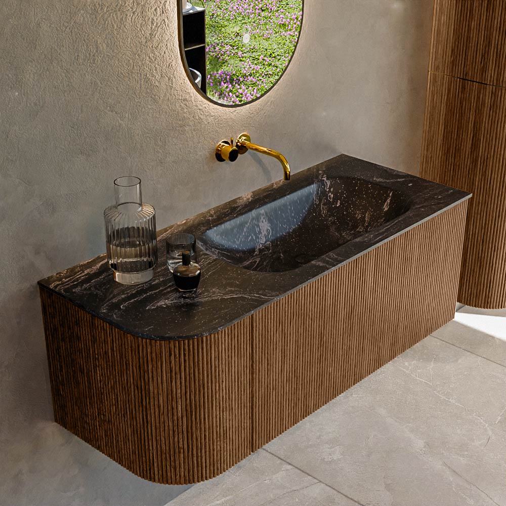 MONDIAZ KURVE-DLUX 115cm badmeubel ronding Links kleur Walnut met 1 lade en 1 deur. Wastafel BIG SMALL Rechts zonder kraangat Lava.