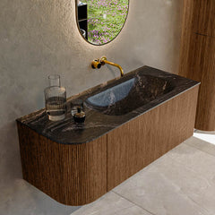 MONDIAZ KURVE-DLUX 115cm badmeubel ronding Links kleur Walnut met 1 lade en 1 deur. Wastafel BIG SMALL Rechts zonder kraangat Lava.