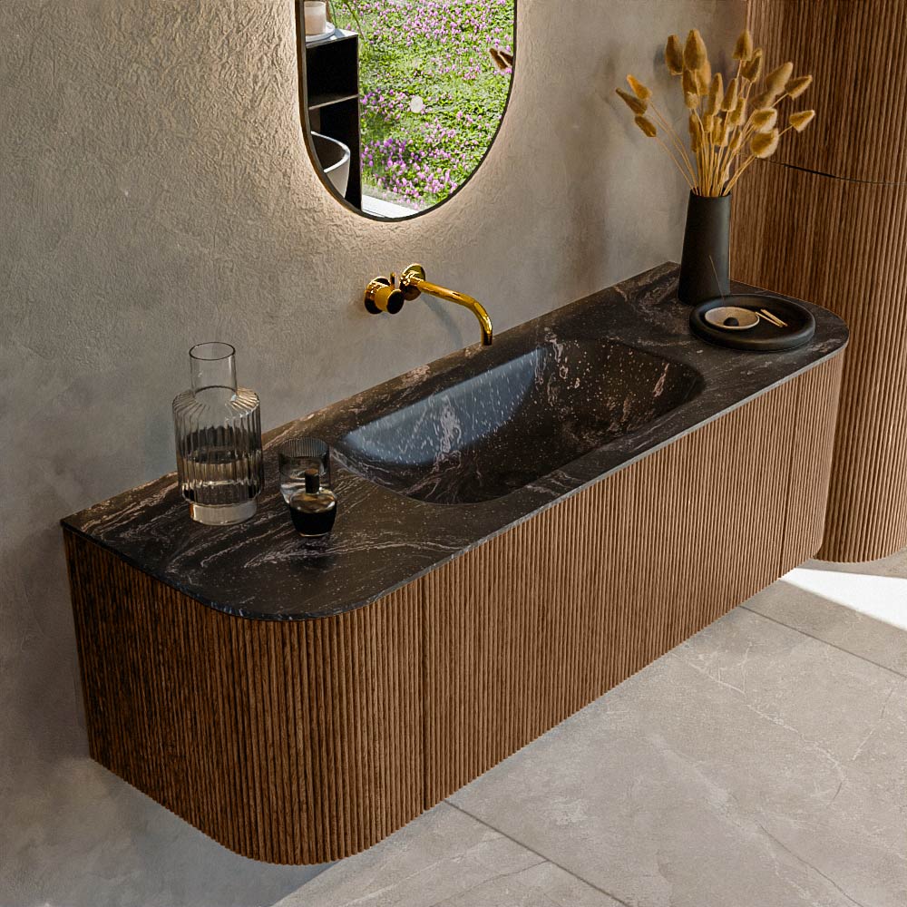 MONDIAZ KURVE-DLUX 140cm badmeubel ronding Links + Rechts kleur Walnut met 1 lade en 2 deuren. Wastafel BIG SMALL Midden zonder kraangat Lava.