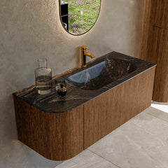 MONDIAZ KURVE-DLUX 115cm badmeubel ronding Links kleur Walnut met 1 lade en 1 deur. Wastafel BIG SMALL Rechts 1 kraangat Lava.