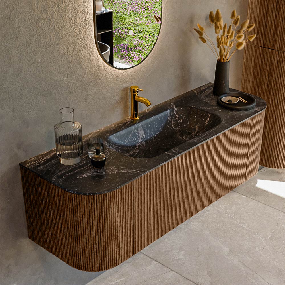 MONDIAZ KURVE-DLUX 140cm badmeubel ronding Links + Rechts kleur Walnut met 1 lade en 2 deuren. Wastafel BIG SMALL Midden 1 kraangat Lava.