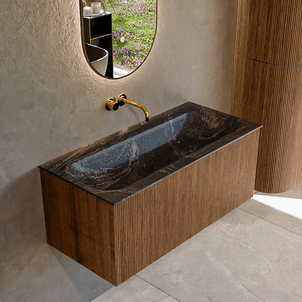 MONDIAZ KURVE-DLUX 100cm badmeubel kleur Walnut met 1 lade en 0 deuren. Wastafel BIG MEDIUM Midden zonder kraangat Lava.