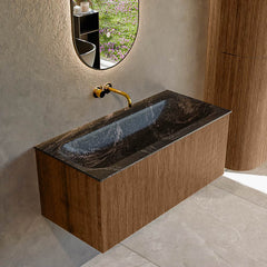 MONDIAZ KURVE-DLUX 100cm badmeubel kleur Walnut met 1 lade en 0 deuren. Wastafel BIG MEDIUM Midden zonder kraangat Lava.