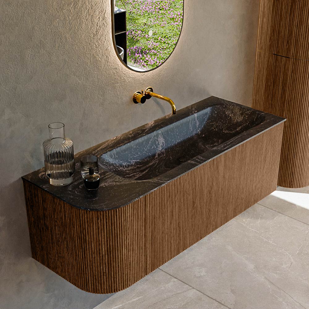MONDIAZ KURVE-DLUX 125cm badmeubel ronding Links kleur Walnut met 1 lade en 1 deur. Wastafel BIG MEDIUM Rechts zonder kraangat Lava.