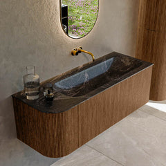 MONDIAZ KURVE-DLUX 125cm badmeubel ronding Links kleur Walnut met 1 lade en 1 deur. Wastafel BIG MEDIUM Rechts zonder kraangat Lava.