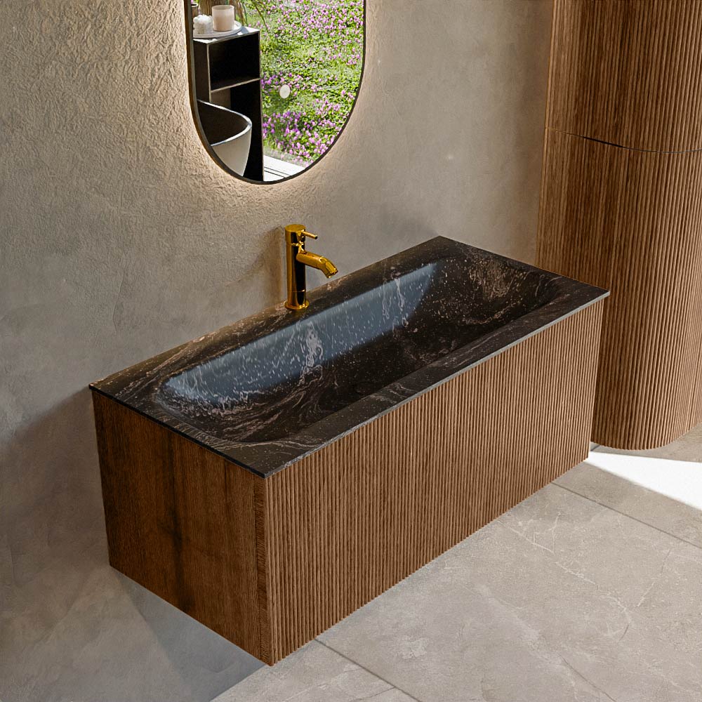 MONDIAZ KURVE-DLUX 100cm badmeubel kleur Walnut met 1 lade en 0 deuren. Wastafel BIG MEDIUM Midden 1 kraangat Lava.