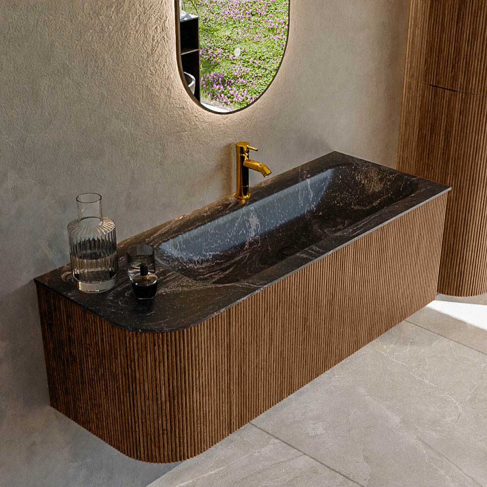 MONDIAZ KURVE-DLUX 125cm badmeubel ronding Links kleur Walnut met 1 lade en 1 deur. Wastafel BIG MEDIUM Rechts 1 kraangat Lava.