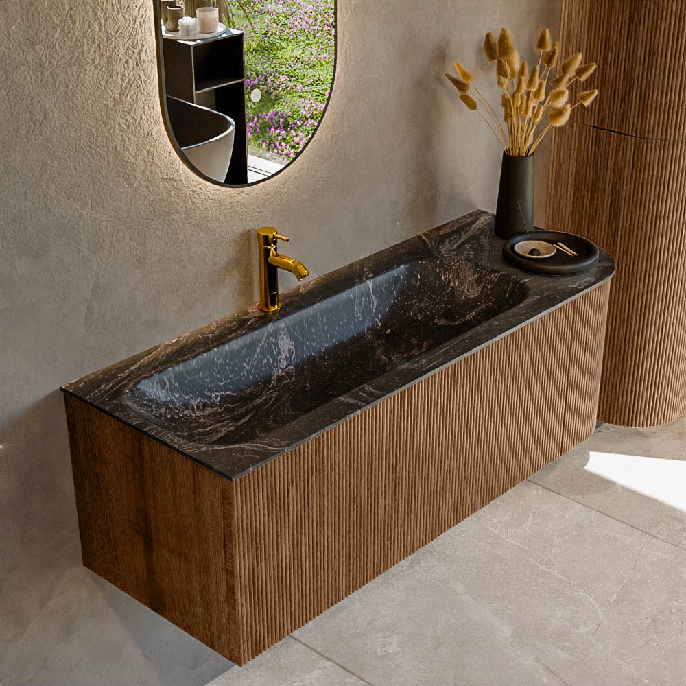 MONDIAZ KURVE-DLUX 125cm badmeubel ronding Rechts kleur Walnut met 1 lade en 1 deur. Wastafel BIG MEDIUM Links 1 kraangat Lava.