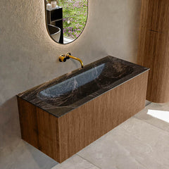 MONDIAZ KURVE-DLUX 110cm badmeubel kleur Walnut met 1 lade en 0 deuren. Wastafel BIG MEDIUM Midden zonder kraangat Lava.